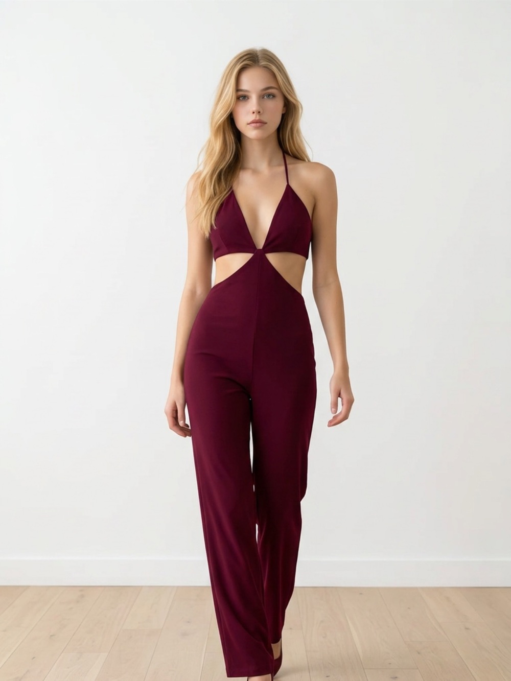 L'ATISTE Burgundy Cutout Halter Jumpsuit